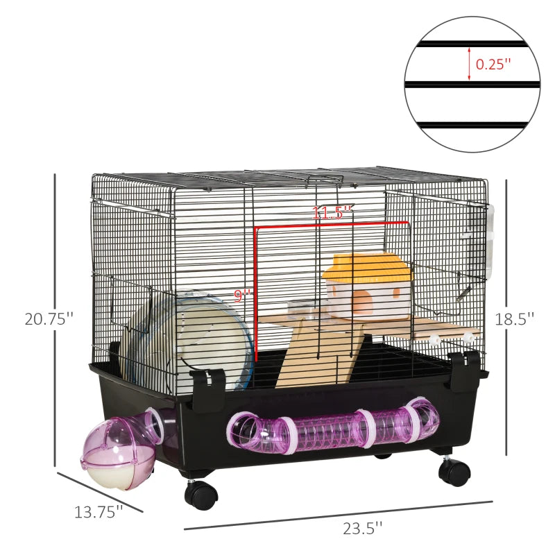 PawHut Large Hamster Cage and Habitat, 2-Level Steel Rat Cage, Small Animal House, with Tube Tunnels, Exercise Wheel, Water Bottle, Food Dish, Hut, Ladder, Top Handle, 23" x 14" x 14", Red