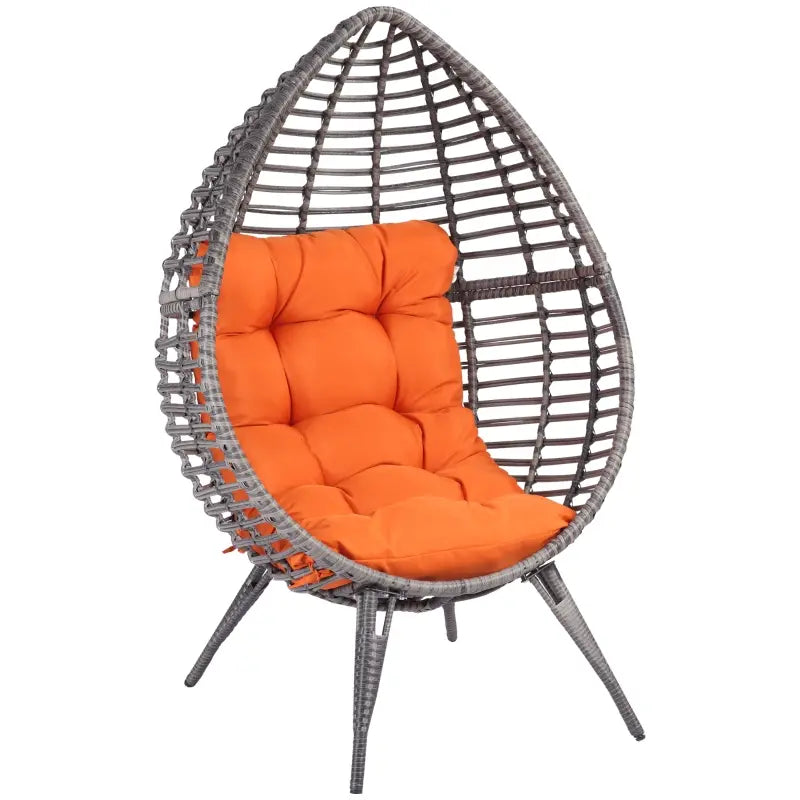 Outsunny Patio Wicker Egg Chair w/ Soft Cushion, Teardrop Cuddle Seat, Outdoor / Indoor Patio Chair, PE Plastic Rattan Furniture with Adjustable Height Feet Pads, Beige