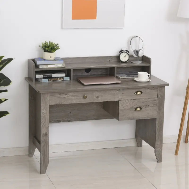 HOMCOM Two-Tone Woodgrain Writing Work Desk with Large Desktop and 2 Open Storage Shelves for Office, Dark Walnut/Black