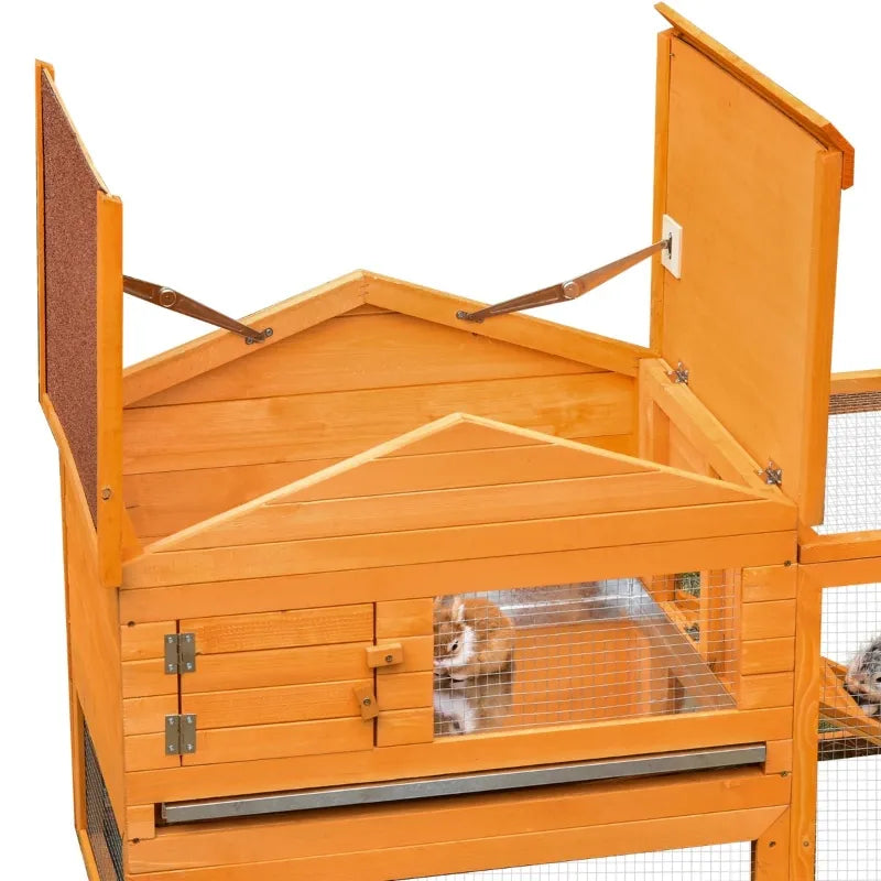 PawHut 62" Large Outdoor Log Cabin Rabbit Cage Small Animal Hutch with Run and Ramp