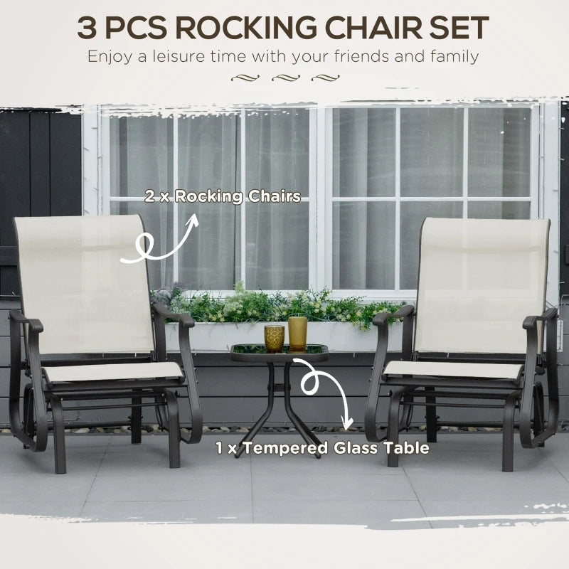Outsunny 3-Piece Outdoor Gliders Set Bistro Set with Steel Frame, Tempered Glass Top Table for Patio, Garden, Backyard, Lawn, Cream White