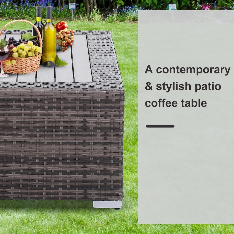 Outsunny Wicker Coffee Table with Height Adjustable Feet, 2 Tier Storage Shelf, Rattan Wicker Patio Table with Deluxe Slatted Top for Outdoor, Patio, Garden, Backyard, Mixed Grey