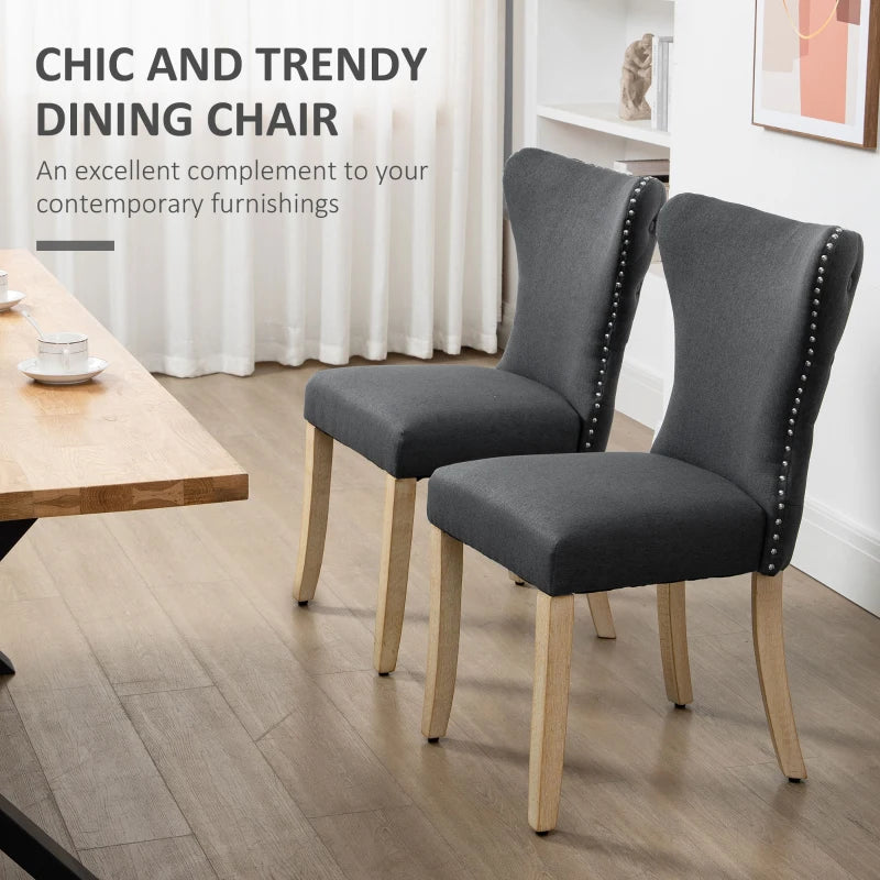 HOMCOM Armless Dining Chairs Set of 2, Modern Accent Chair with Wing Backrest, Linen Upholstery, Nailhead Trim, Charcoal Grey