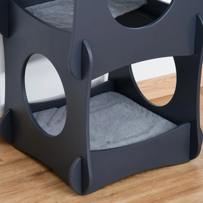 Pawhut Multi-level Wooden Cat House Kitten Bed Furniture with Removable Soft Cushion for Rest - Dark Grey