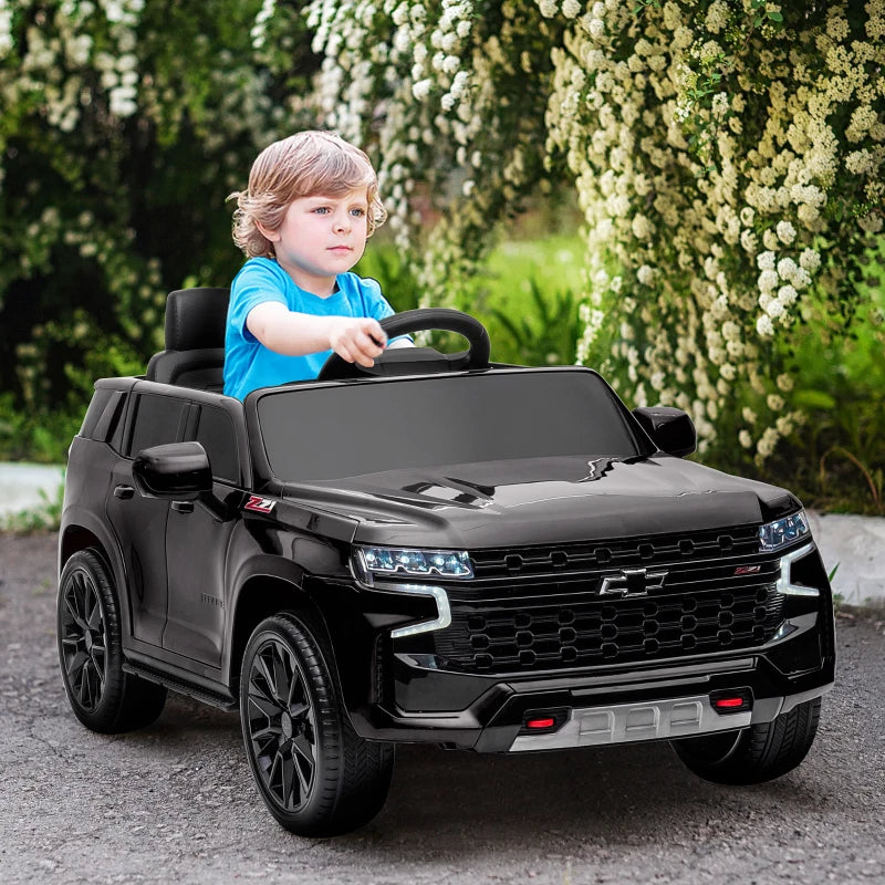 ShopEZ USA Licensed Chevrolet TAHOE Electric Car for Kids with Remote Control, 12V Battery Powered Ride On Car with 2 Speeds, Spring Suspension, LED Lights, MP3, Horn, Music, for 3-6 Years Old, White