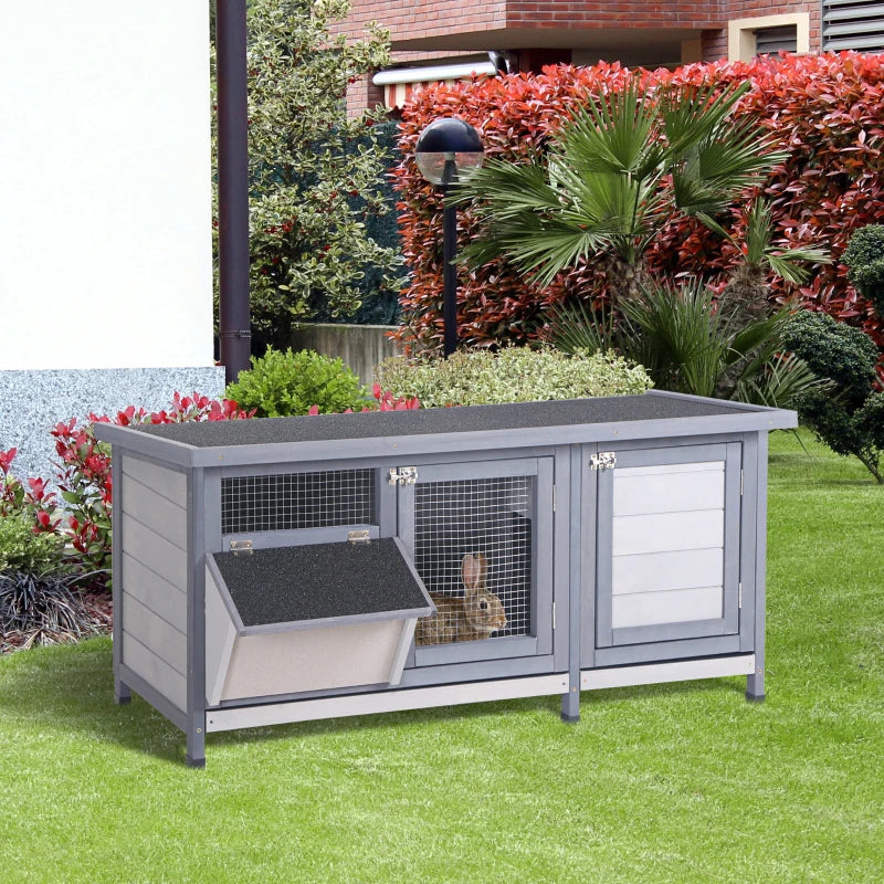 PawHut Wooden Rabbit Hutch Bunny Hutch Cage Guinea Pig with Waterproof Roof, No Leak Tray and Feeding Trough, Indoor/Outdoor, Gray