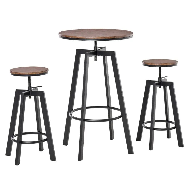 HOMCOM 3 Piece Industrial Adjustable Dining Table Set, Bar Height Bistro Table and Swivel Pub Stools for Small Space