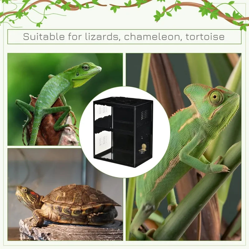 PawHut Reptile Glass Terrarium Tank, Breeding Box with Screen Ventilation, Lamp Holders, Hanging Basin for Lizards, Chameleon, Tortoise, 23.5" x 16" x 28"