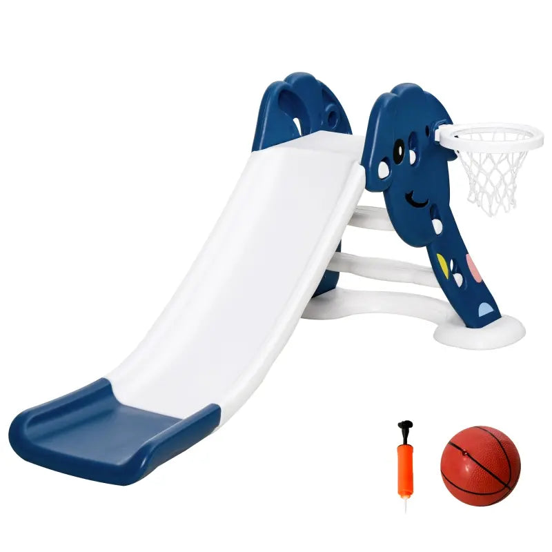 Qaba Indoor/Outdoor Kids Toy Slide with a Safety Triangle Design, Texturized Steps, & Side Basketball Hoop - Blue