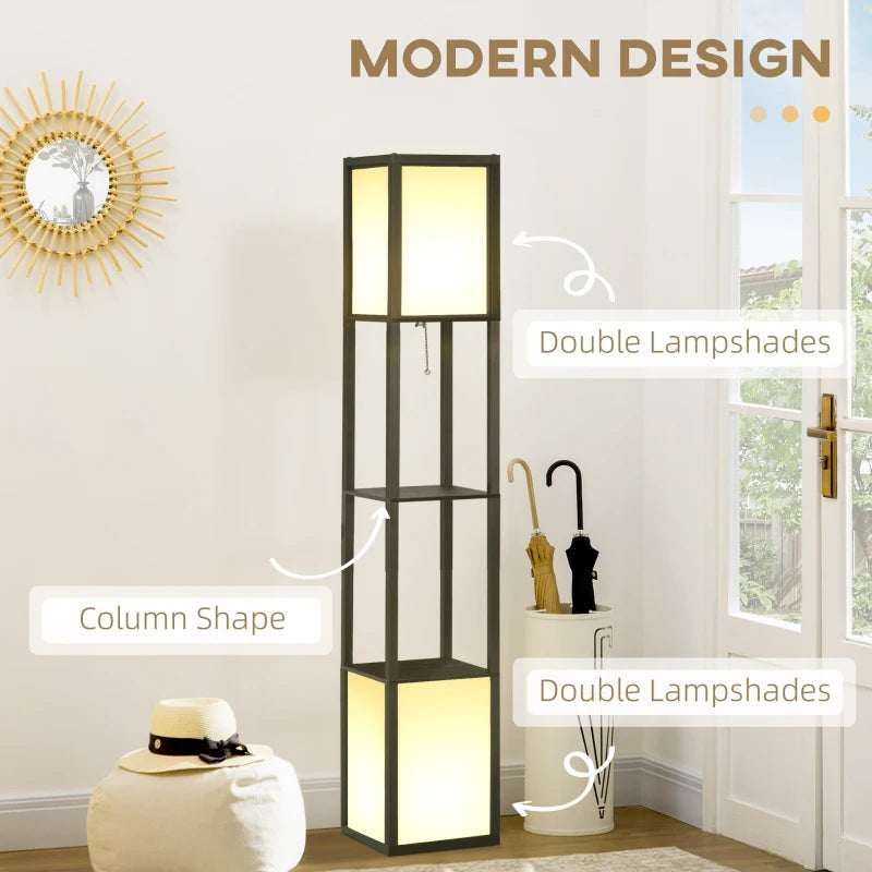 HOMCOM Modern Shelf Floor Lamps with 2 Light, Fabric Shade, for Living Room Bedroom, 10.25"x10.25"x61.5", Black