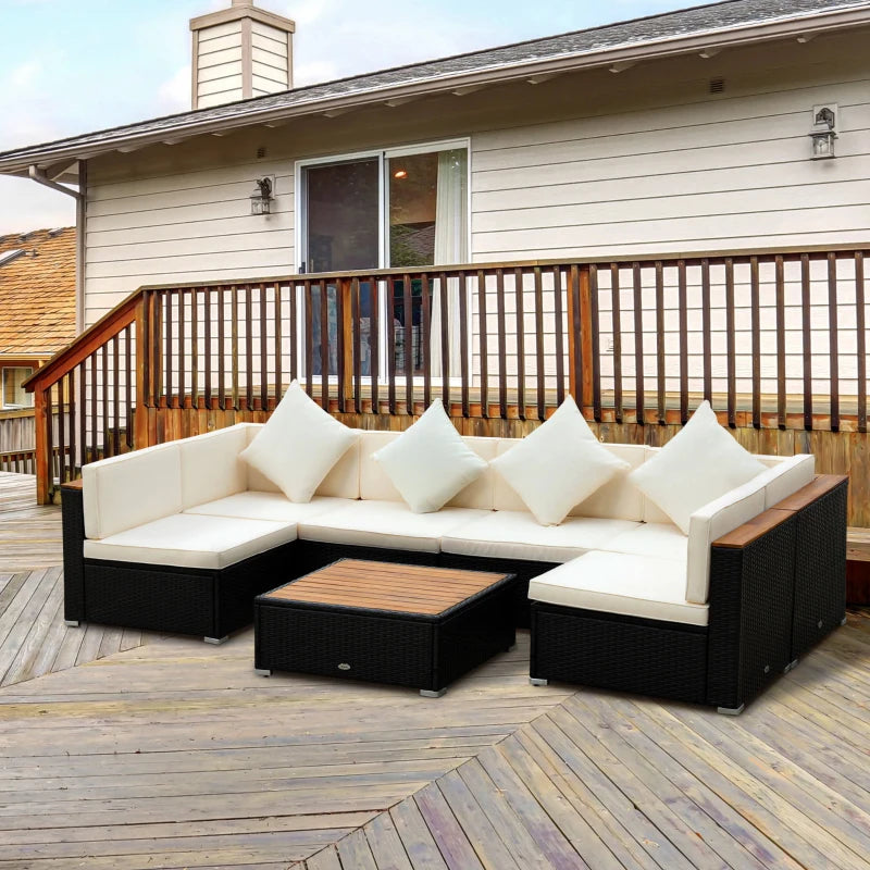 Outsunny 7-Piece Patio Furniture Sets PE Rattan Sectional Sofa Set Outdoor Conversation Set w/ Acacia Top Coffee Table & Cushion for Garden, Backyard, Grey