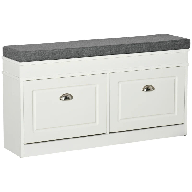 HOMCOM Entryway Shoe Bench Storage Ottoman with Adjustable Shelving, 6 Compartments, and Padded Seat, White/Grey