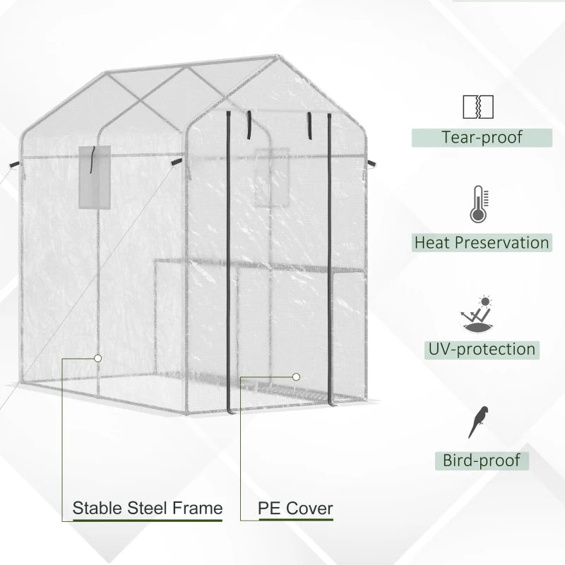 Outsunny Outdoor Walk-in Mini Greenhouse with Mesh Door & Windows, Small Portable Garden Hot House with 3 Tiers 6 Shelves, Trellis, & Plant Labels