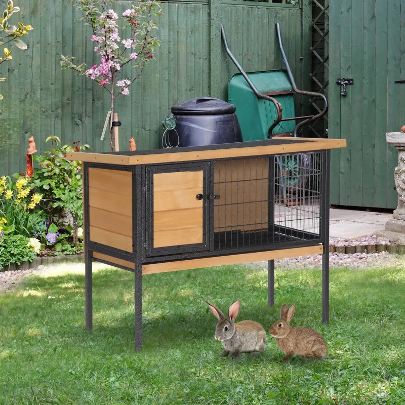 PawHut Wooden Rabbit Hutch Bunny Cage with Openable Waterproof Roof, No Leak Tray Sturdy Fir Wood Build for Indoor/Outdoor