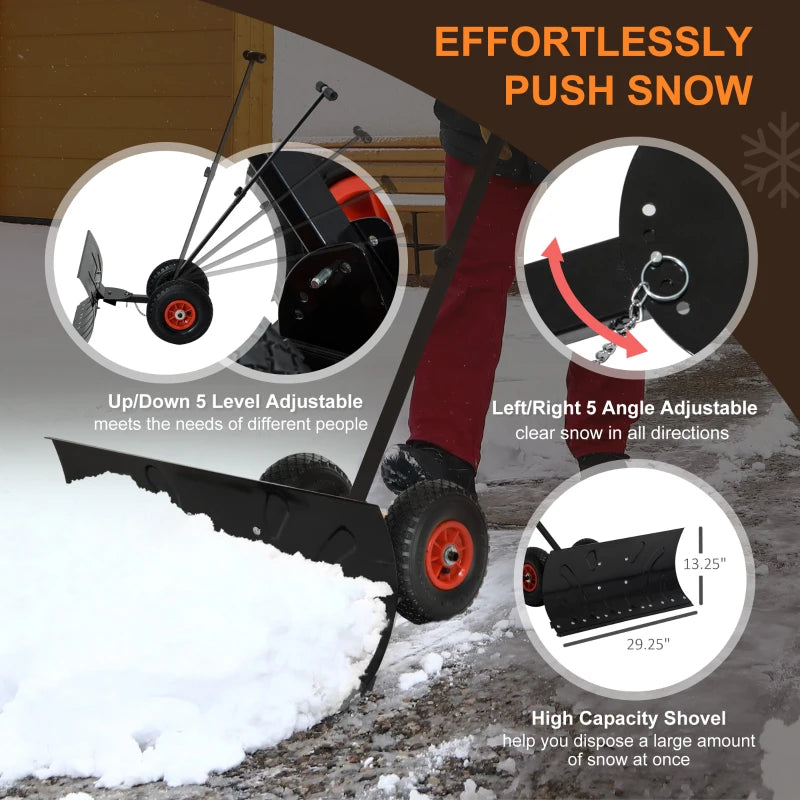 Outsunny Snow Shovel with Wheels, Snow Pusher, Cushioned Adjustable Angle Handle Snow Removal Tool, 29" Blade, 10" Wheels, Black