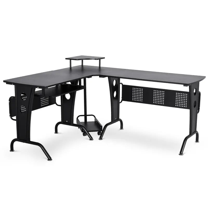HOMCOM L-Shaped Corner Computer Office Desk Workstation with Rolling Keyboard Tray & Convenient CPU Stand - Black