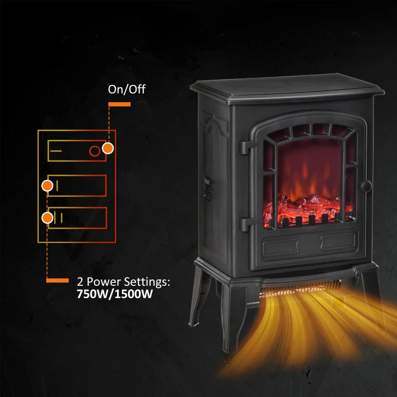 HOMCOM Free standing Electric Fireplace Stove, Fireplace Heater with Realistic Flame Effect, Overheat Safety Protection, 750W / 1500W, Black