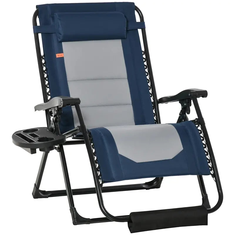 Outsunny Foldable Outdoor Lounge Chair with Footrest, Oversized Padded Zero Gravity Lounge Chair with Headrest, Side Tray, Cup Holders, Armrests for Camping, Lawn, Garden, Blue