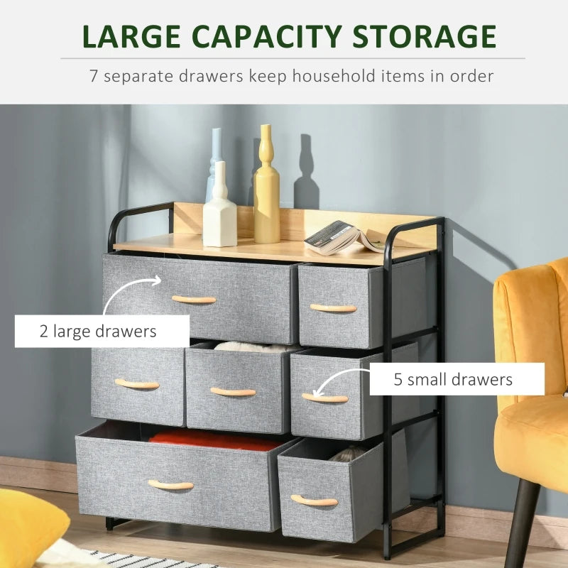 HOMCOM 7-Drawer Dresser, Fabric Chest of Drawers, 3-Tier Storage Organizer for Bedroom Entryway, Tower Unit with Steel Frame Wooden Top, Light Grey