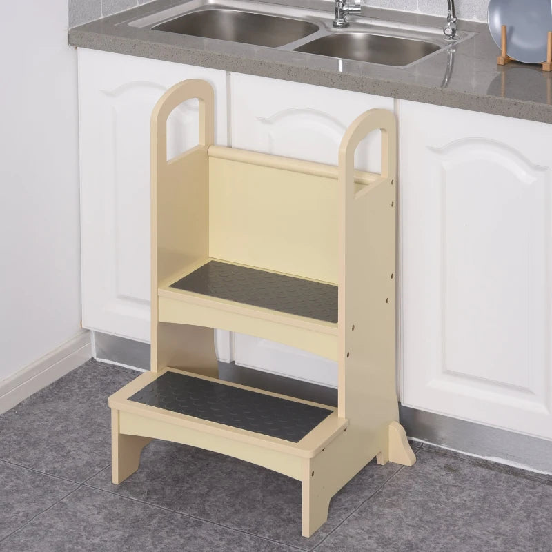 Qaba kitchen step stool for Children Step Stool Ladder with 2 Easy Steps, Safety Support Handles and Non-Slip Feet - Natural