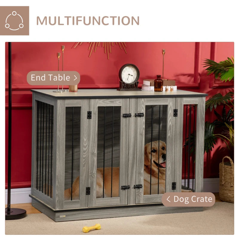 PawHut Large Furniture Style Dog Crate with Removable Panel, End Table with Two Rooms Design and Two Front Doors, Rustic Brown, 47.25" x 23.5" x 34.75"