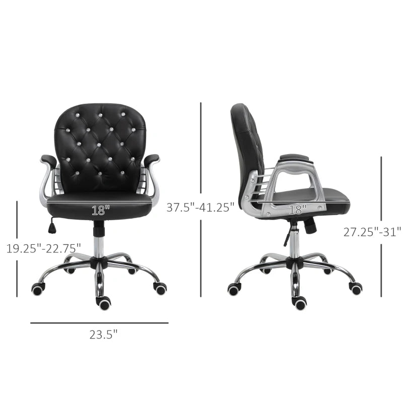 Vinsetto Vanity PU Leather Mid Back Office Chair Swivel Tufted Backrest Task Chair with Padded Armrests, Adjustable Height, Rolling Wheels, Black