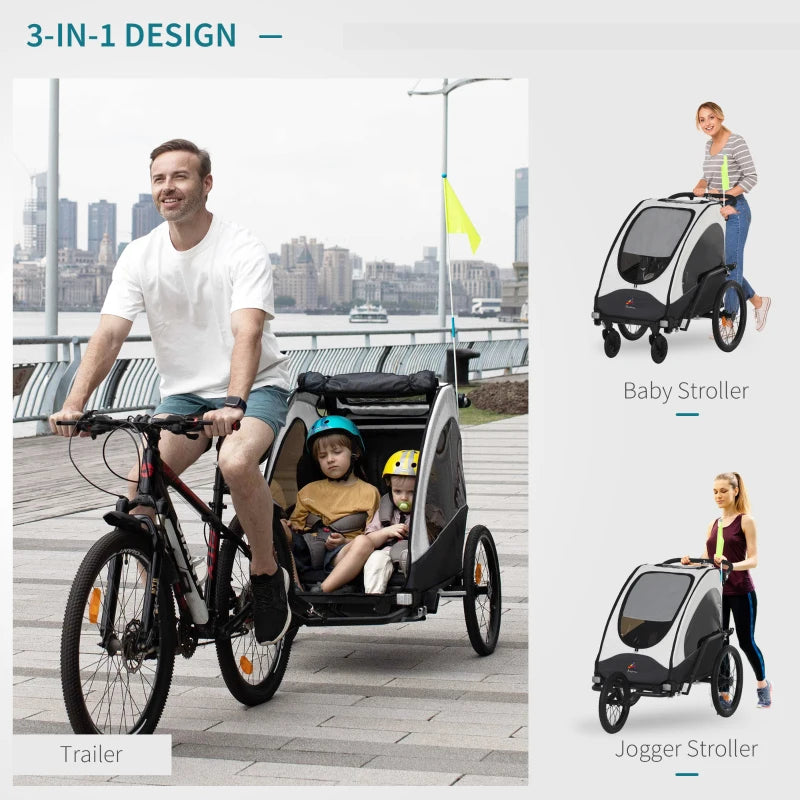 ShopEZ USA Child Bike Trailer 3 In1 Foldable Jogger Baby Transport Buggy Carrier with Shock Absorber System Rubber Tires Adjustable Handlebar - White and Grey
