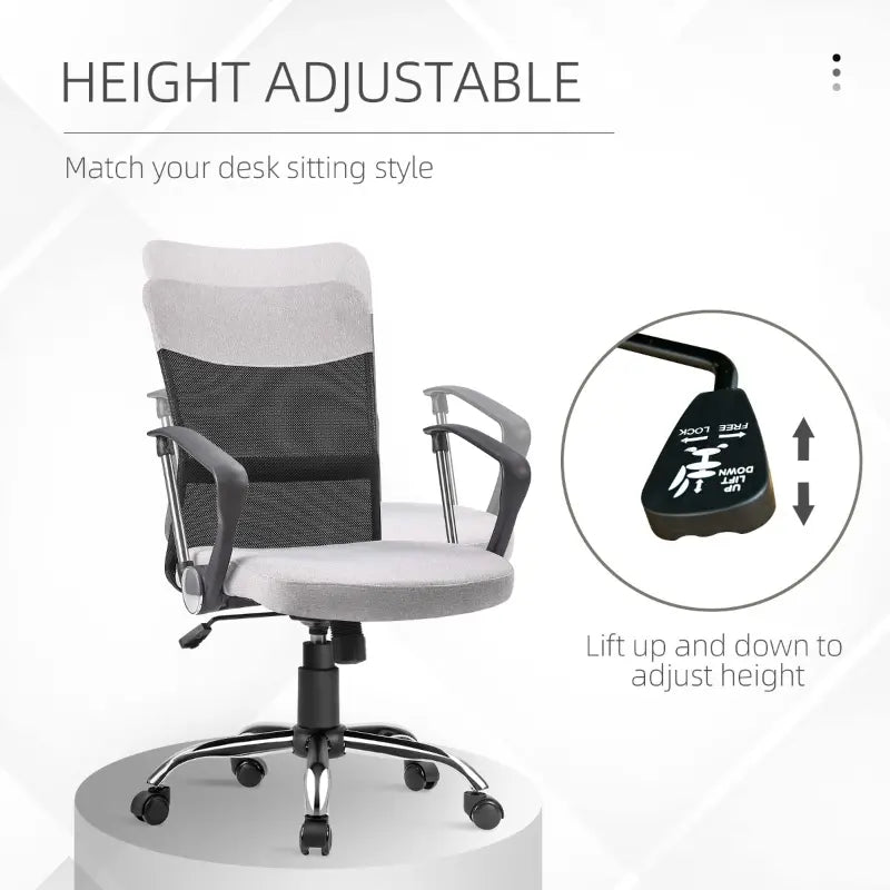 Vinsetto Mid Back Ergonomic Desk Chair Swivel Mesh Fabric Computer Office Chair with Backrest, Armrests, Rocking Function, Adjustable Height,Grey/Black