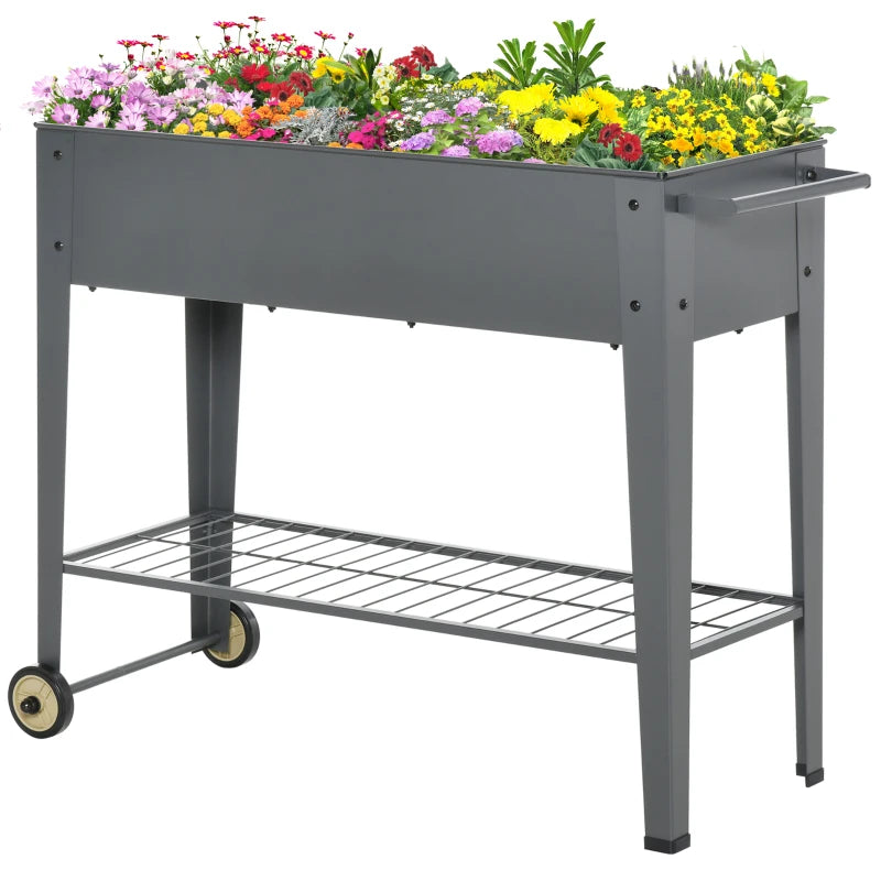 Outsunny 41" x 15" x 32" Raised Garden Bed Elevated with Wheels, Metal Elevated Planter Box with Bottom Shelf for Storing Tools & Water Drainage Hole, Grey