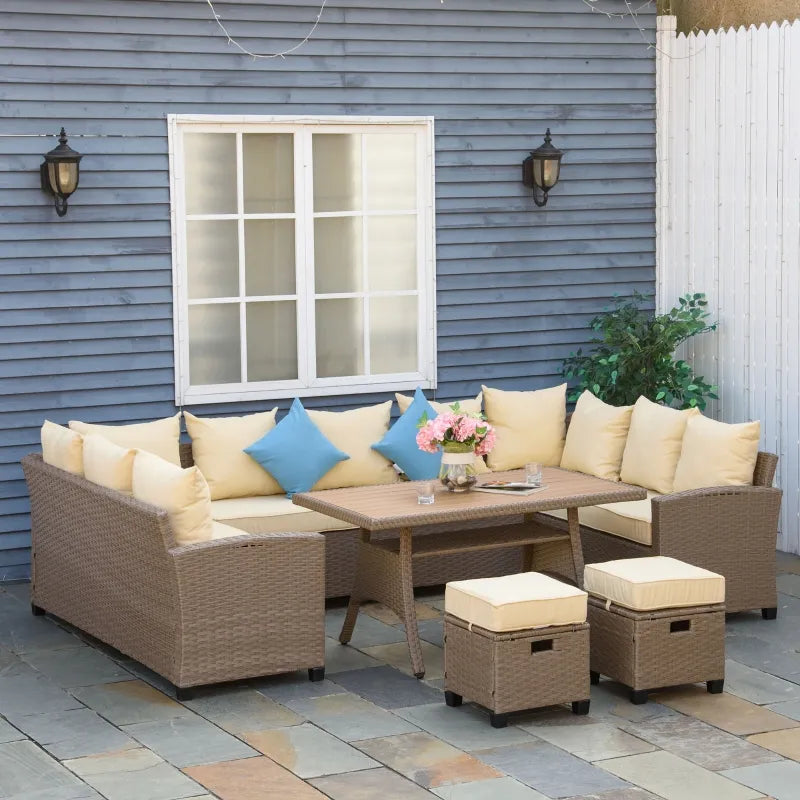 Outsunny 6 Pieces Patio Wicker Conversation Furniture Sets, Outdoor All Weather PE Rattan Sectional Sofa Set, with Wood Grain Plastic Coffee Table & Cushions for Lawn, Garden, Grey/Khaki