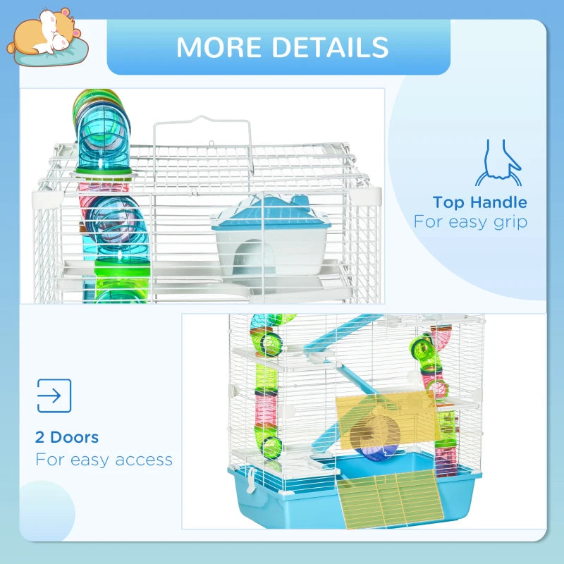 PawHut Extra Large 31" Hamster Cage with Tubes and Tunnels, Portable Carry Handles, Hamster Cages and Habitats Big 5-Tier Design, Includes Exercise Wheel, Water Bottle, Food Dish, Blue