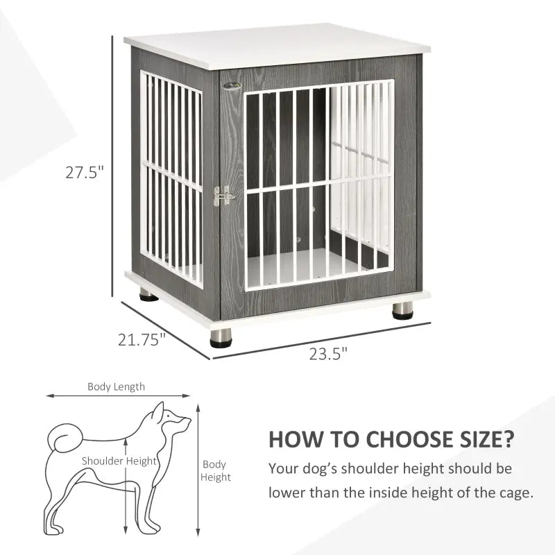 PawHut Wooden & Wire Dog Crate with Surface, Stylish Pet Kennel, Magnetic Doors, Grey