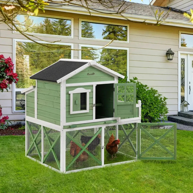 PawHut 44" Chicken Coop / Rabbit Hutch, Wooden House with Run, Nesting Box, Removable Tray, Asphalt Roof, Planting and Lattice, Green