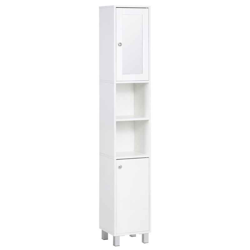 HOMCOM Tall Bathroom Storage Cabinet, Freestanding Linen Tower with 2-Tier Shelf and 2 Cupboards, Narrow Side Floor Organizer, White