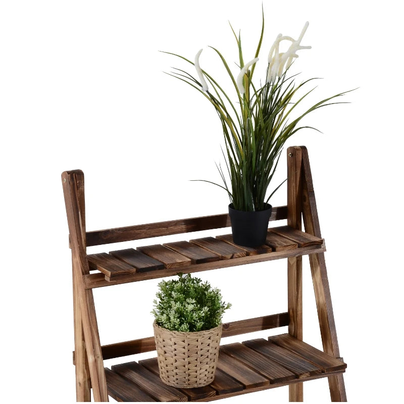 Outsunny 39'' Foldable Plant Stand, 3-Tier Wooden Flower Stand, Ladder Display Shelf with Slatted Bottom, for Garden Indoor Outdoor