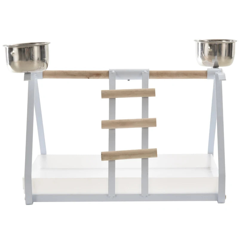 PawHut Bird PlayStand with Wooden Perch Ladder Feeding Cups for Macaw Parrot Conure White