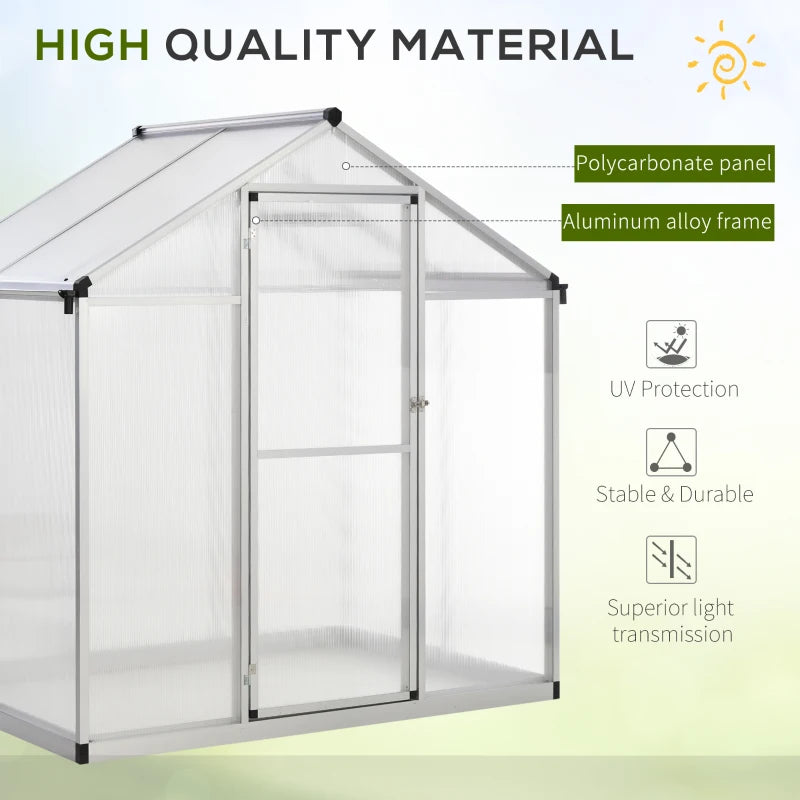 Outsunny 8' x 6' Aluminum Outdoor Greenhouse, Polycarbonate Walk-in Garden Greenhouse Kit with Adjustable Roof Vent, Rain Gutter and Sliding Door for Winter, Silver