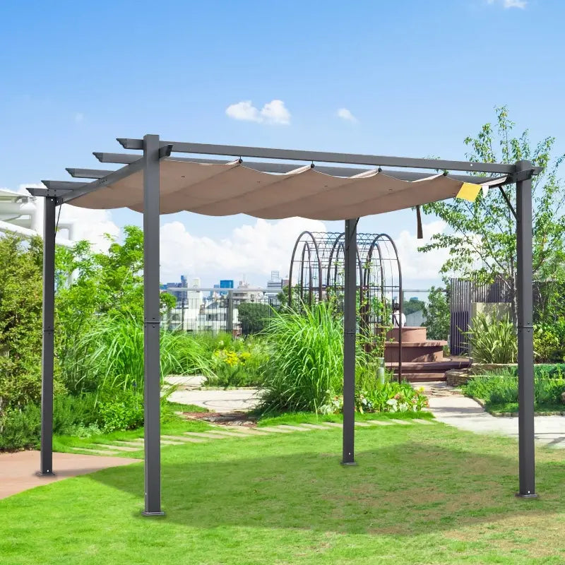 Outsunny 10' x 13' Outdoor Retractable Pergola Canopy, Aluminum Patio Pergola, Backyard Shade Shelter for Porch Party, Garden, Grill Gazebo, Brown
