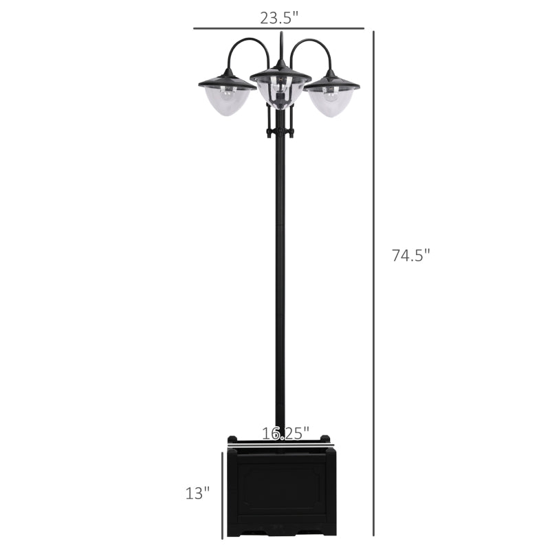 Outsunny 74.5" 3-head Solar Lamp Post Street Light with Planter, Automatic-on, 6 Hour Max Outdoor Ready LED Lighting, Black