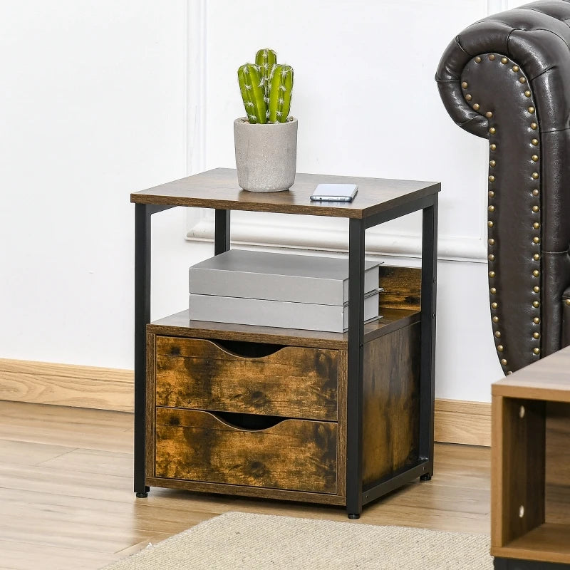 HOMCOM Industrial End Table with 2 Drawers and Open Shelf, Side Table for Living Room, Gray