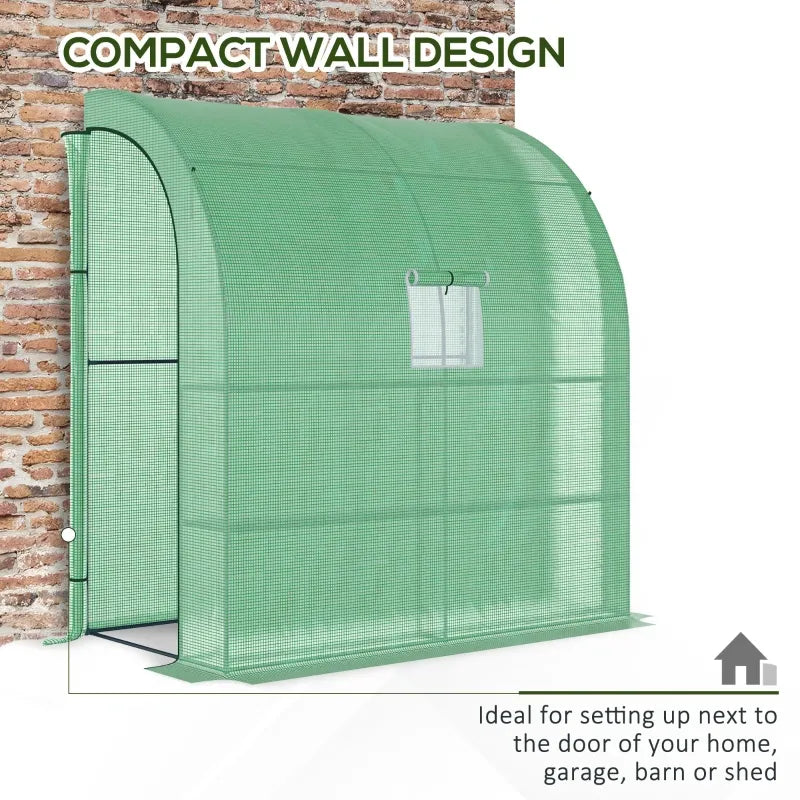 Outsunny 7' x 3' x 7' Outdoor Lean to Greenhouse, Walk-In Green House Plant Nursery with Roll-up Window, PE Cover, and 3-Tier Wire Shelves, Green