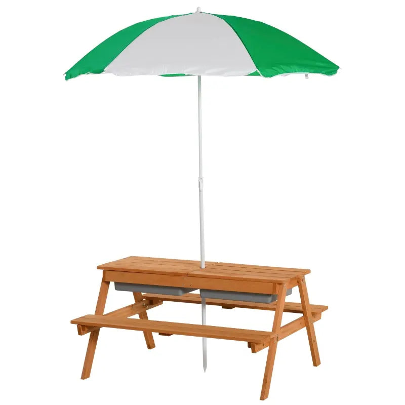 Outsunny Kids Picnic Table with Umbrella and Storage Inside, Sand and Water Table, Kids Outdoor Furniture, Wooden Bench Backyard Furniture for Garden, Patio, or Balcony