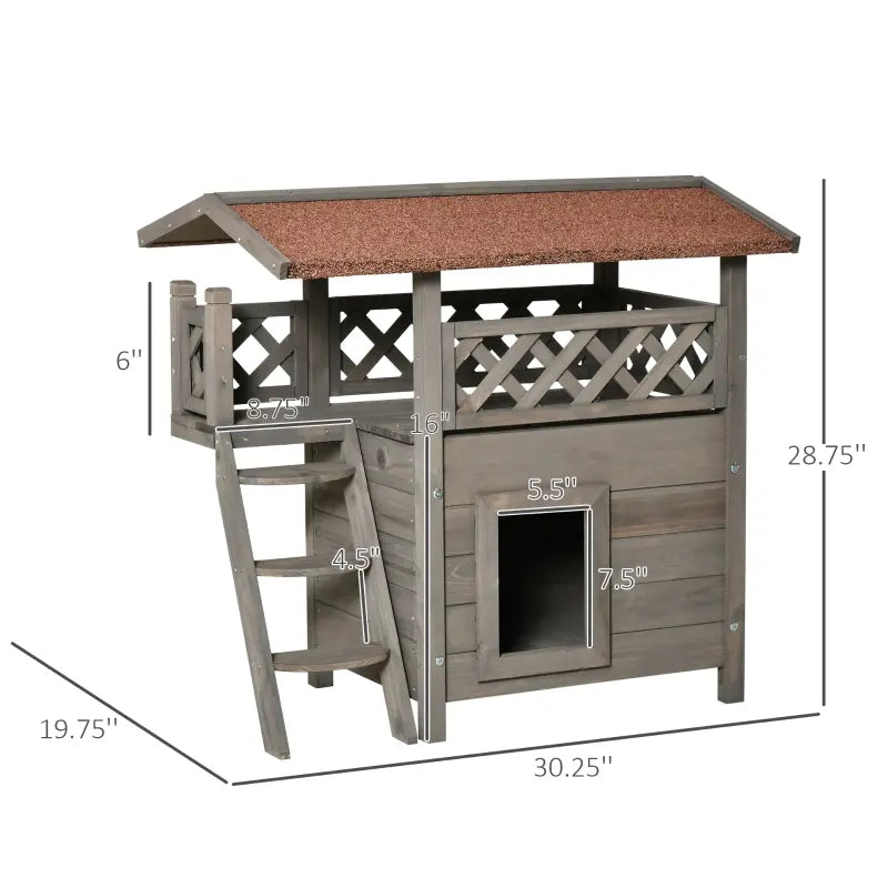 PawHut Wooden Cat House Outdoor with Sisal Ramp, 2-Story Feral Cat Shelter with Balcony, Asphalt Roof, Spacious Condo, Gray