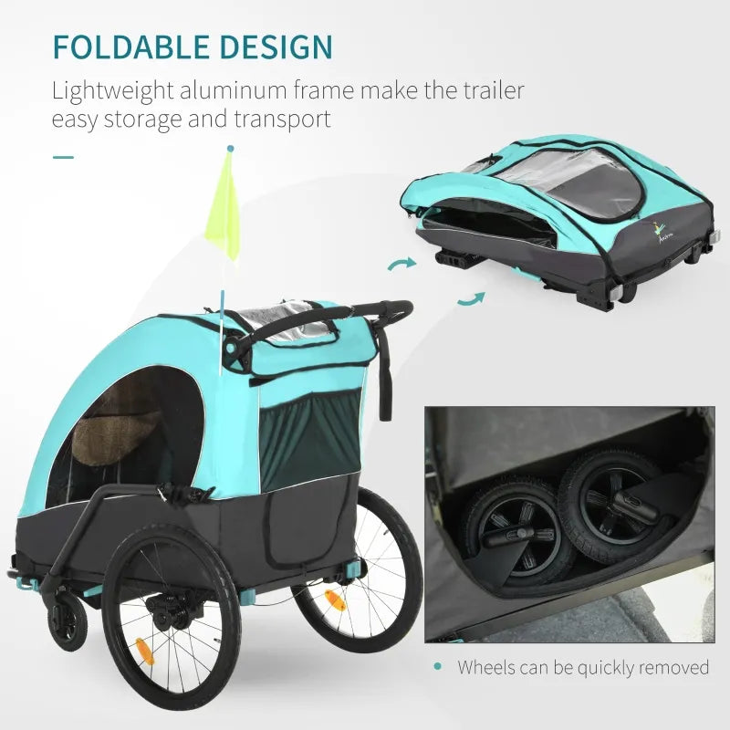 ShopEZ USA Child Bike Trailer 3 In 1 Foldable Transport Buggy Carrier with Shock Absorber System Rubber Tires Adjustable Handlebar Kid Bicycle Trailer, Blue/Grey