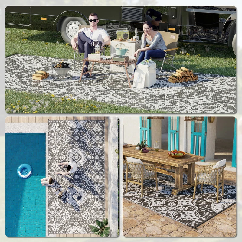 Outsunny Reversible Outdoor Rug Carpet, 9' x 12' Waterproof Plastic Straw Rug, Portable RV Camping Rugs with Carry Bag, Large Floor Mat for Backyard, Deck, Picnic, Beach, Black & Gray Border