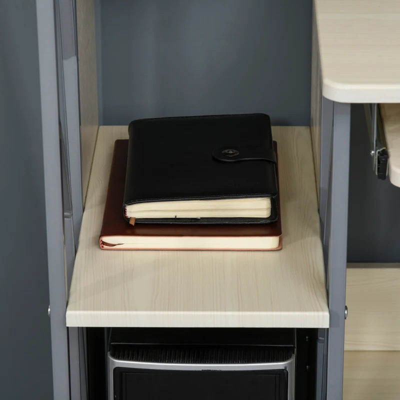 HOMCOM L-Shaped Home Office Desk with Bottom Tower Shelf, 3 Cube Shelves, Computer Writing Desk with Metal Frame, Walnut Brown