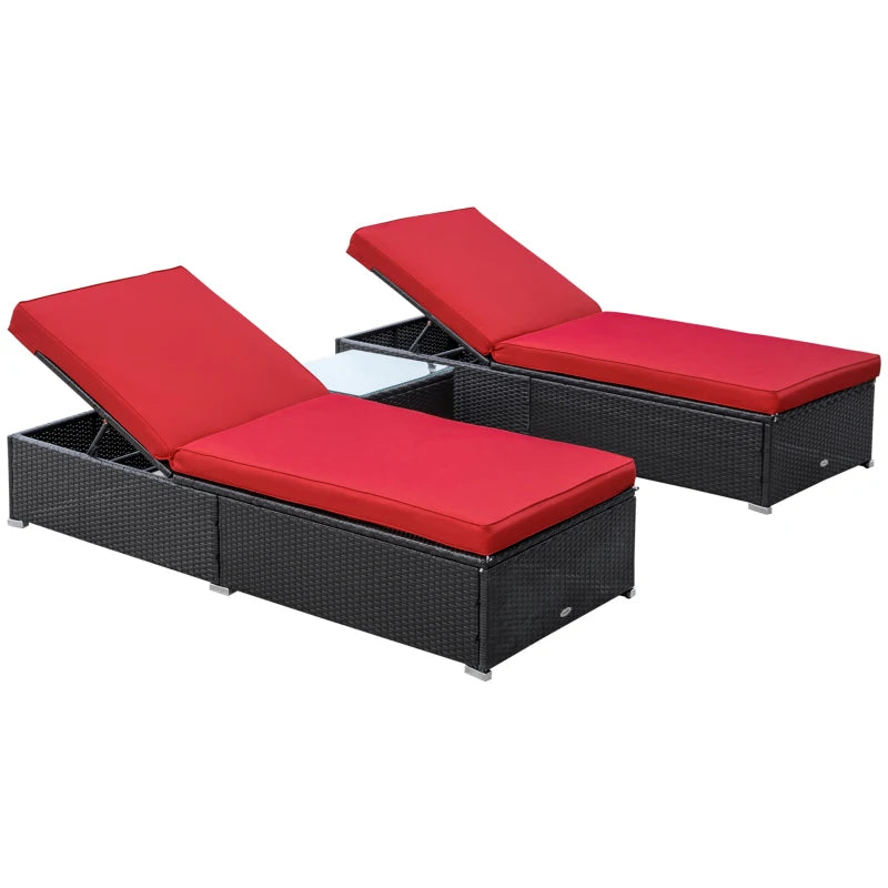 Outsunny Wicker Patio Lounge Chair Set, Outdoor Chaise Lounge Sets with 5-Level Angles Adjust Backrest, Thick Cushions, and Matching Table, for Pool Side, Balcony, Beach, Yard, Red