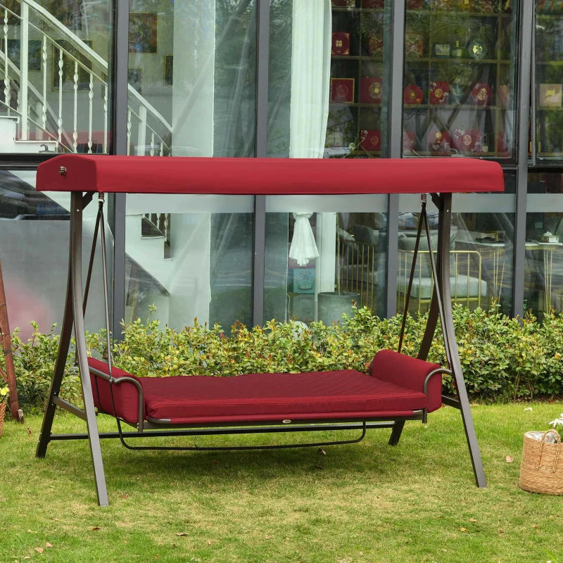 Outsunny 3-Seat Patio Swing Chair, Converting Flatbed, Outdoor Porch Swing Glider with Adjustable Canopy, Removable Cushions, Pillows for Garden, Poolside, Backyard, Red