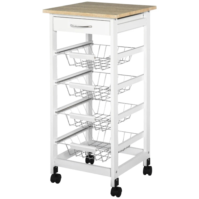 HOMCOM Compact Kitchen Cart, Wooden Rolling Kitchen Storage Cart with Storage, Utility Cart with 4 Wire Baskets Drawer, Gray