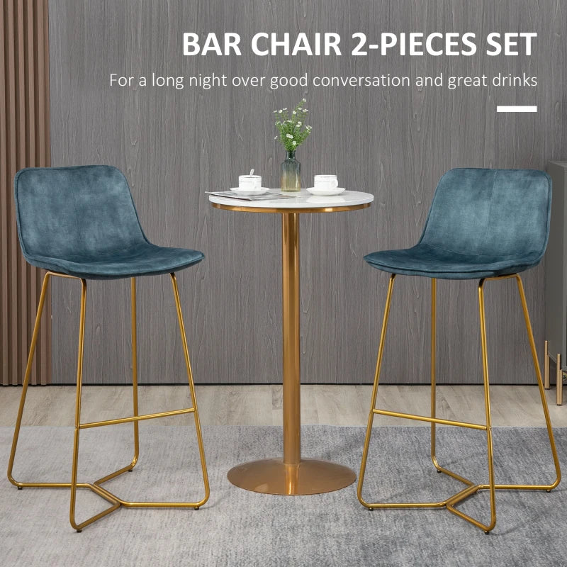 HOMCOM Bar Height Bar Stools, Velvet-Touch Fabric Bar Chairs, 30.25" Seat Height Stools with Gold-Tone Metal Legs for Dining Area, Home Bar, Set of 2, Gray